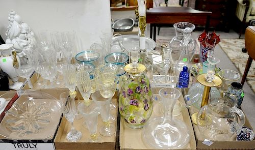 Eight box lots to include Venetian stemmed glasses signed illegibly, Krosno glasses, crystal square lamps, art glass vases, Baccarat...