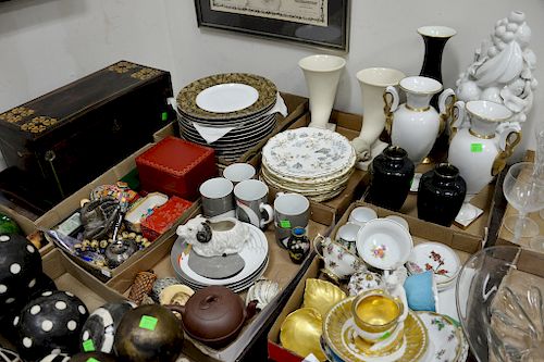 Six box lots to include a pair of vases with gilt handles, Royal Vienna figural cup and saucer each marked (chipped and repaired), p...