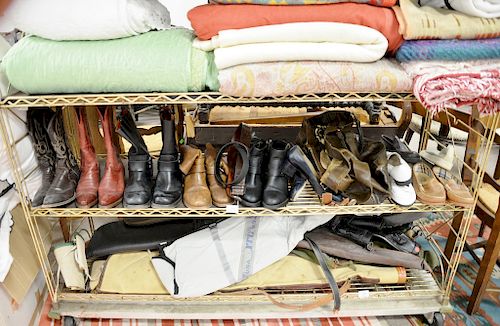 Group lot of women's shoes and boots, belts, and handbag by Emilio Pucci, Ralph Lauren belt, Miu Miu boots, Frye boots, Lucchese boo...