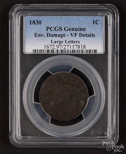 Large cent, 1830 (large letters), PCGS genuine, VF details.