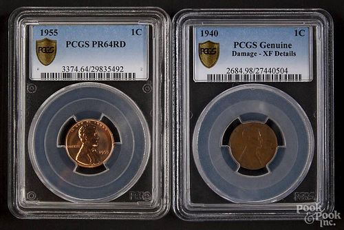 Two Lincoln cents, to include a 1940, PCGS genuine, XF details, and a 1955, PCGS PR-64RD.