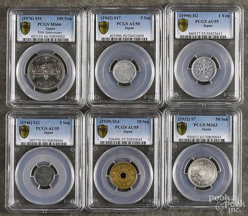 Six assorted Japanese coins, to include a 50 Sen, 1932, PCGS MS-63, a 1 Yen, 1900, PCGS AU-55, a 10