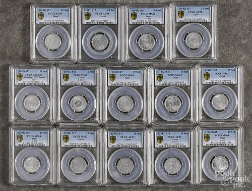 Fourteen Japanese 10 Sen, to include a 1941, PCGS MS-62, nine 1942, with grades ranging