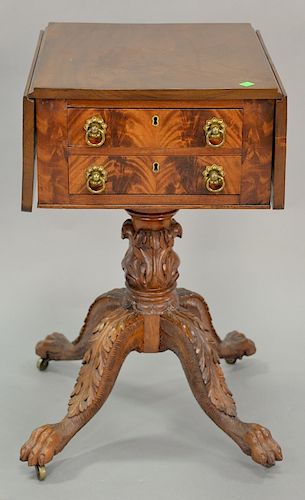 Federal mahogany two drawer drop leaf stand with original brasses, circa 1840. ht. 28 in., top: 15" x 18"