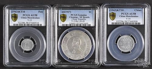 Three assorted Chinese coins, to include a Fen, 1943, PCGS AU-58, a Chiao, 1943, PCGS AU-58