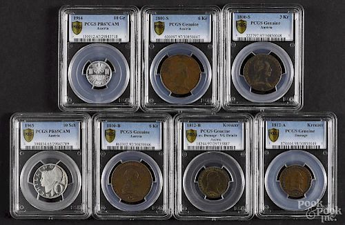 Seven assorted Austrian coins, to include two Kreuzer, 1812-A, PCGS genuine, and 1812-B, PCGS genuin