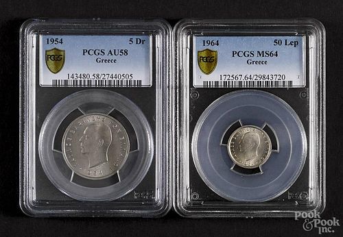Two Grecian coins, to include a 50 Lep, 1964, PCGS MS-64, and a 5 Dr, 1954, PCGS AU-58.