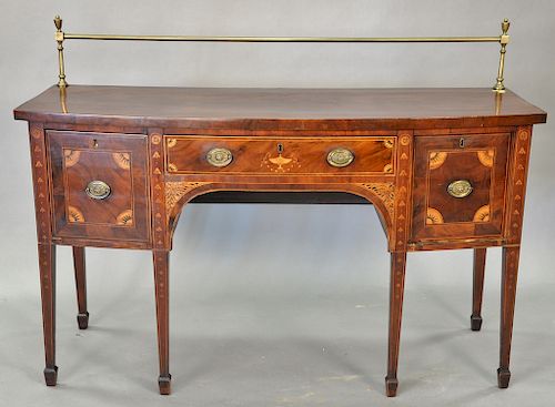 George III mahogany sideboard with brass rail, three drawers with inlay, circa 1800. ht. 44 in. with top rail, top: 23 1/2" x 61"