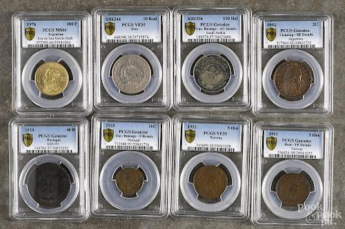 Eight assorted foreign coins, to include an Argentinean 100 P, 1978, PCGS MS-66 (Jose de San Martin