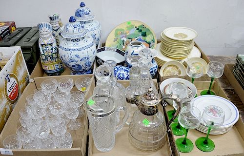 Six tray lots of glass and china to include four decanters, cocktail shaker, stemware, glazed pottery figural pitchers, Wedgwood set...