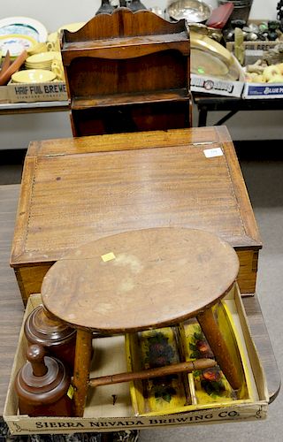 Wooden lot with mahogany table desk, oval stool, and two butter molds.