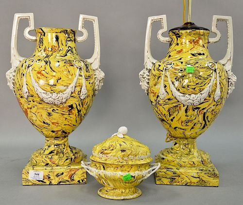 Pair of Meiselman Italian ceramic urns, yellow ground and matching covered tureen, height 7.5 inches, with white, black, and terra c...