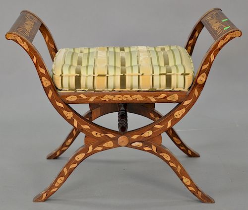 Marquetry inlaid tip top bench, 20th century, diameter of top 28 inches.