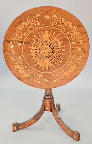 Marquetry inlaid tip top table, 20th  century, diameter of top 28 inches.