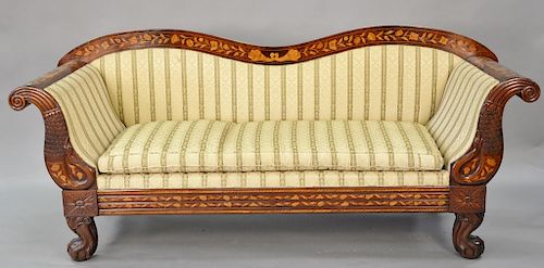 Marquetry inlaid sofa with scrolled back and rolled arms on claw and ball feet, 19th century, length 92 inches.