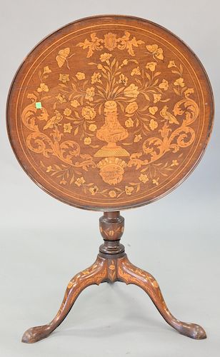 Marquetry inlaid tip table, 20th century, top diameter 26.5 inches.