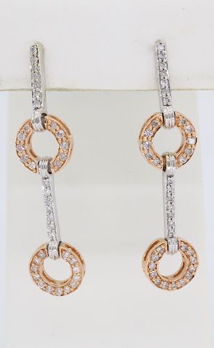 Two Tone Rose and White Gold Diamond Dangle Earrings