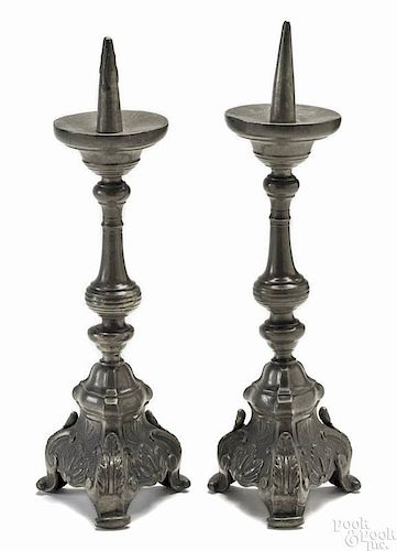Pair of Belgian pewter ecclesiastical pricket sticks, ca. 1800