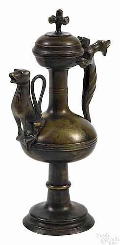 Continental Gothic-style bronze ewer, late 19th c., with a dragon handle and lion spout, 12 3/4'' h.