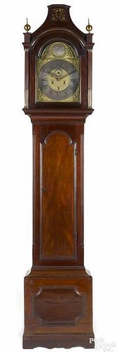 Georgian mahogany tall case clock, 18th c., with a pagoda top bonnet, enclosing an eight-day works