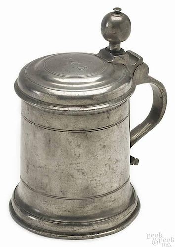 German pewter tankard or Walzenkrug, 18th c., the lid inscribed with the owner's initials