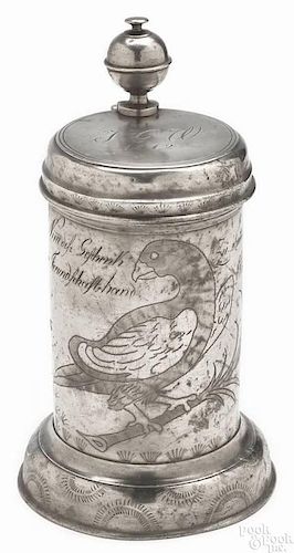 German pewter marriage stein or Walzenkrug, early 19th c., the lid engraved with the owner's name