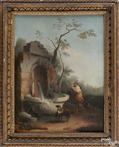 Pair of Continental oil on canvas landscapes, 18th c., each with a young woman and child