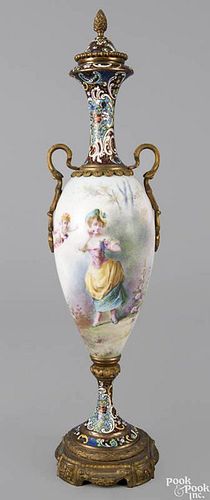 French ormolu and cloisonné mounted porcelain vase, ca. 1900, with painted decoration of a woman