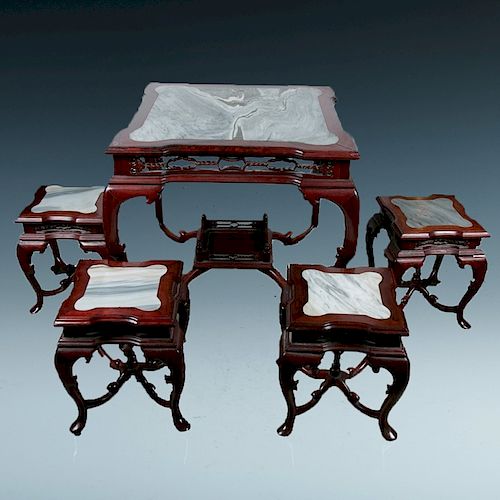 MARBLE-INLAID HARDWOOD TABLE WITH FOUR STOOLS