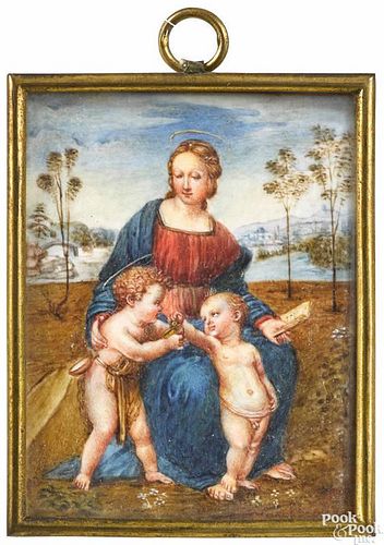 Pair of miniature watercolor on ivory portraits of the Madonna, after the originals by Raphael