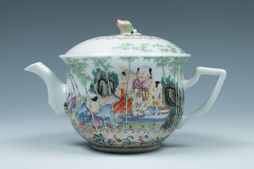 FAMILLE ROSE 'BOYS AND BAMBOO' TEAPOT AND COVER