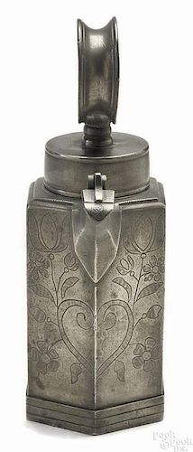 Swiss pewter hexagonal wine flagon, 18th c., the front of the body with a heart-shaped shield