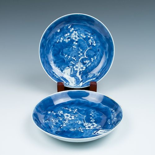 PAIR OF BLUE AND WHITE 'PRUNUS' DISHES, YONGZHENG MARK AND PERIOD