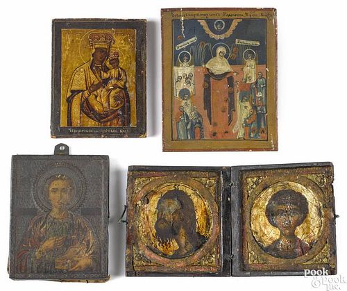Two Russian oil on panel icons, 19th c., together with an icon with a painted tin oklad