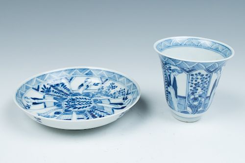 EXPORT BLUE AND WHITE CUP AND SAUCER, KANGXI