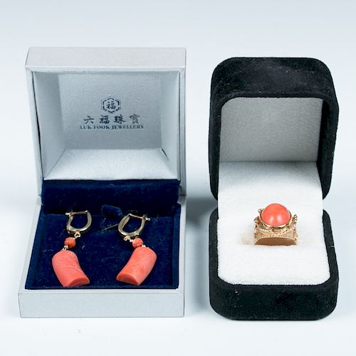 GROUP OF CORAL EARRINGS AND RING