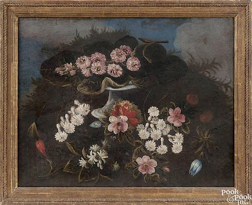 Pair of Continental oil on canvas floral still life paintings, 18th c., 15 1/2'' x 20''.