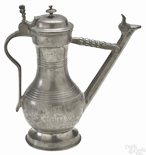 Swiss pewter wine flagon or Stegkanne, 18th c., the body with an engraved extensive inscription