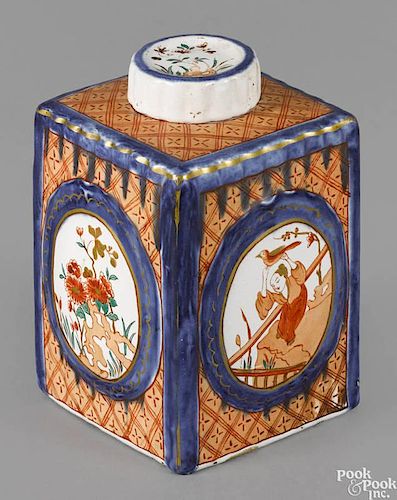 Delft tea caddy, mid 18th c., with mandarin decoration, 4 3/4'' h.