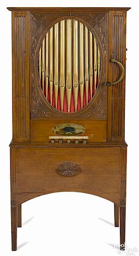 English mahogany Astor barrel organ, ca. 1810, with three music rolls and an attached paper