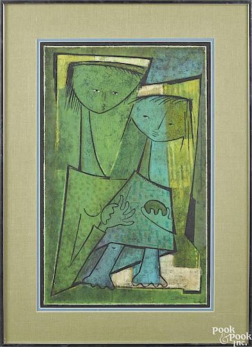 Angelo Botello (Spanish 1913-1986), artist's proof linocut of a mother and child, 20'' x 12 1/4''.