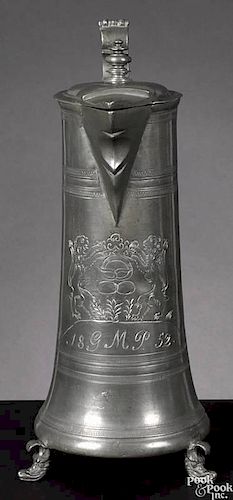 German pewter Baker's Guild flagon, 18th c., engraved with guild symbols and later date 1852
