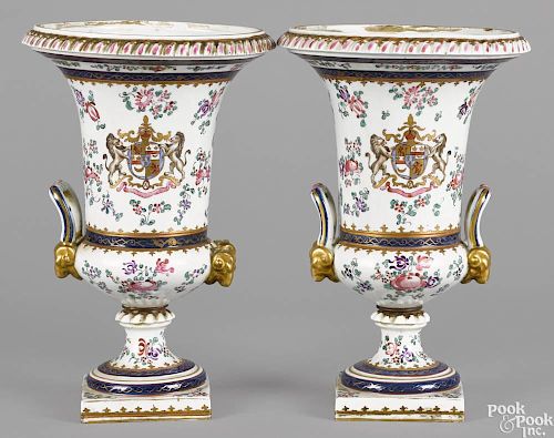 Pair of large Samson porcelain campana-form urns with armorials, late 19th c., 12 3/4'' h.