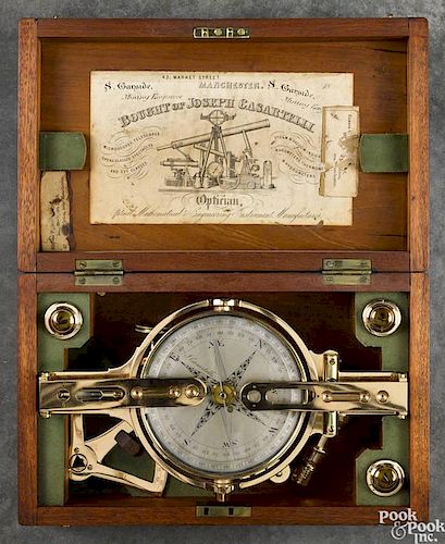 Joseph Casartelli brass surveyor's compass, 19th c., bought by S. Garside, Mining Engineer
