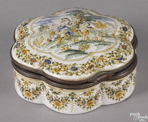Continental enamel dresser box, 19th c., the lid decorated with an allegorical scene, 1 3/4'' h.