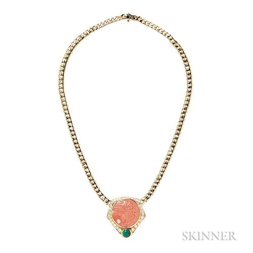 18kt Gold, Carved Coral, Emerald, and Diamond Pendant Necklace