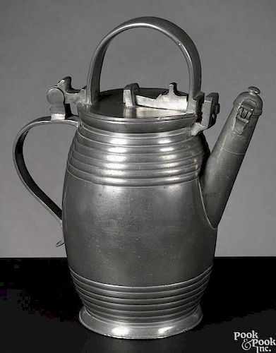 German pewter barrel-shaped spouted flagon or Riegelkanne, 19th c.
