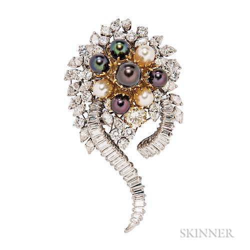 Diamond and Cultured Pearl Brooch