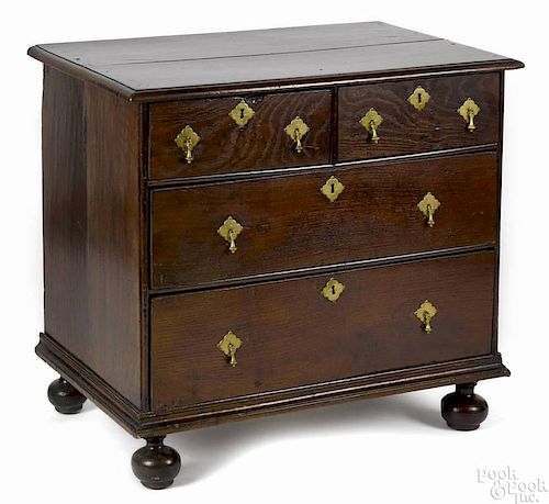 George I diminutive oak chest of drawers, ca. 1730, 31'' h., 31 1/4'' w.