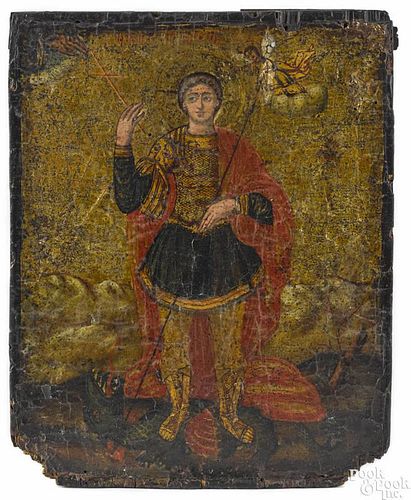 Russian oil on panel icon, 18th c., of St. George slaying the dragon, 12 1/4'' x 9 3/4''.